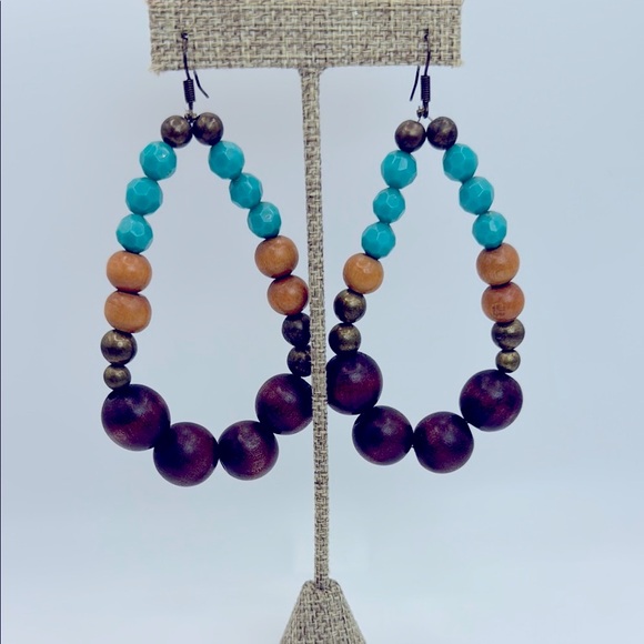 Handcrafted Beaded Earrings in Turquoise and Brown - Picture 1 of 7